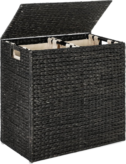 Best Choice Products Large Double Laundry Hamper with Lid, Natural Handwoven Water Hyacinth, 2 Sections w/ 2 Machine Washable Linen Liner Bags, Portable, Handles - Natural