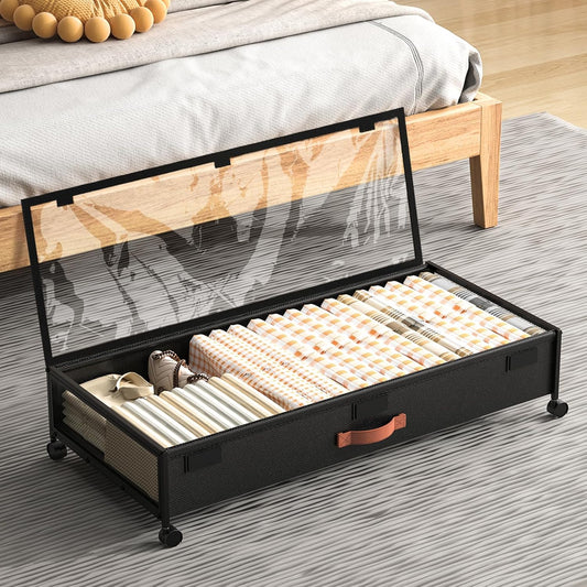 Under Bed Storage Containers with Wheels Large Underbed Shoes Blankets Clothes Toy Storage Drawers for College Dorms Bedrooms Nursery Rooms Organization (Black 2 Pack, 7.5in height(36"x16.6"x7.48"))