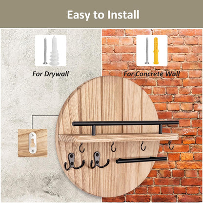 Nekon Key Holder Wall Mount, 11.8 Inch Rack With Shelf and 6 Hooks, Rustic Mail Organizer, Circular Wooden Hanger for Entryway Hallway Kitchen (Brown&Gold)