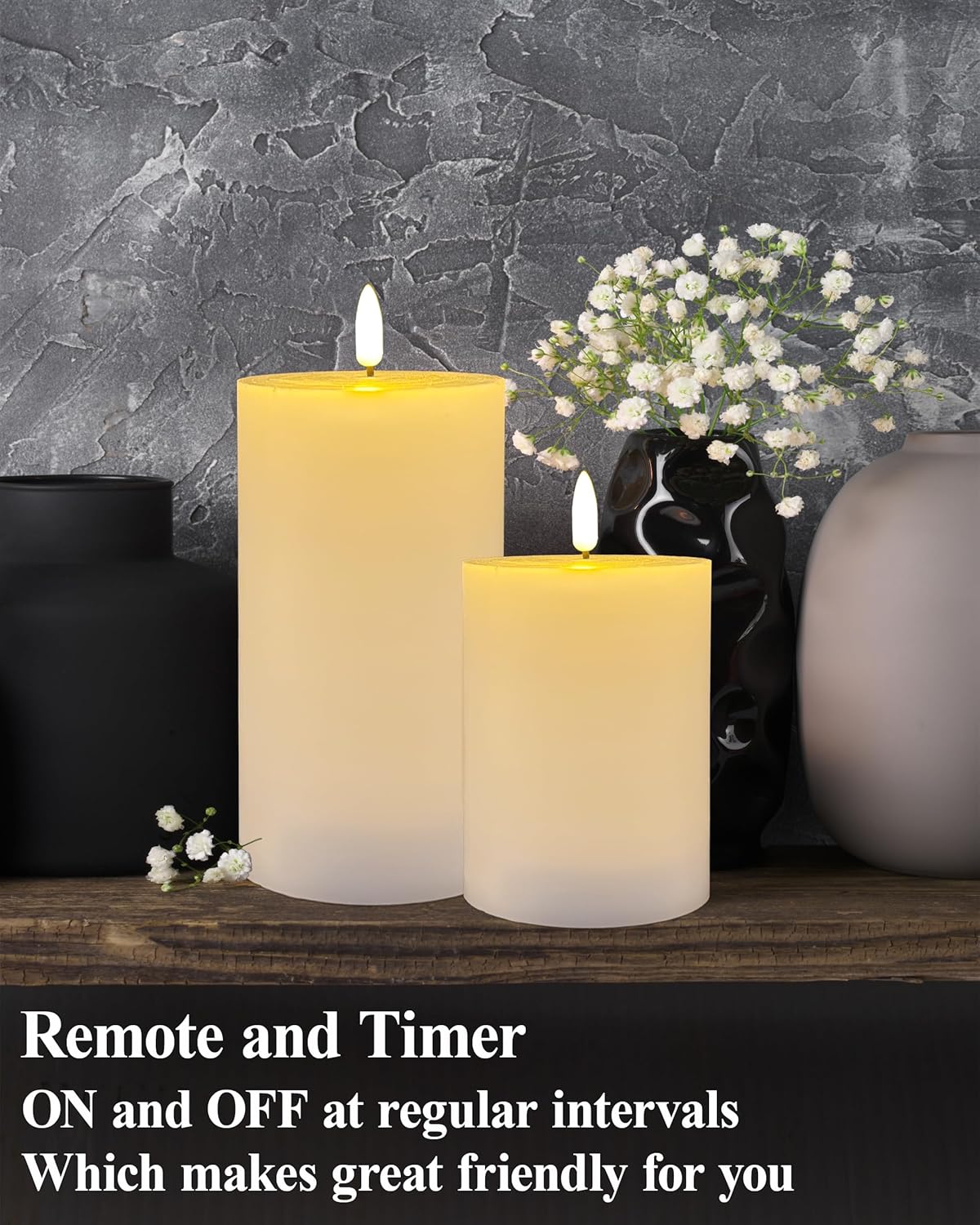 Gmnee 3"x4" Flickering Flameless Candles with Remote Timer, 3" Diameter White Pillar, Real Wax, Set of 2 Large Battery Operated LED Candles for Table and Fireplace Decor (H 4")