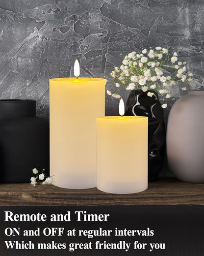 Gmnee 3"x4" Flickering Flameless Candles with Remote Timer, 3" Diameter White Pillar, Real Wax, Set of 2 Large Battery Operated LED Candles for Table and Fireplace Decor (H 4")