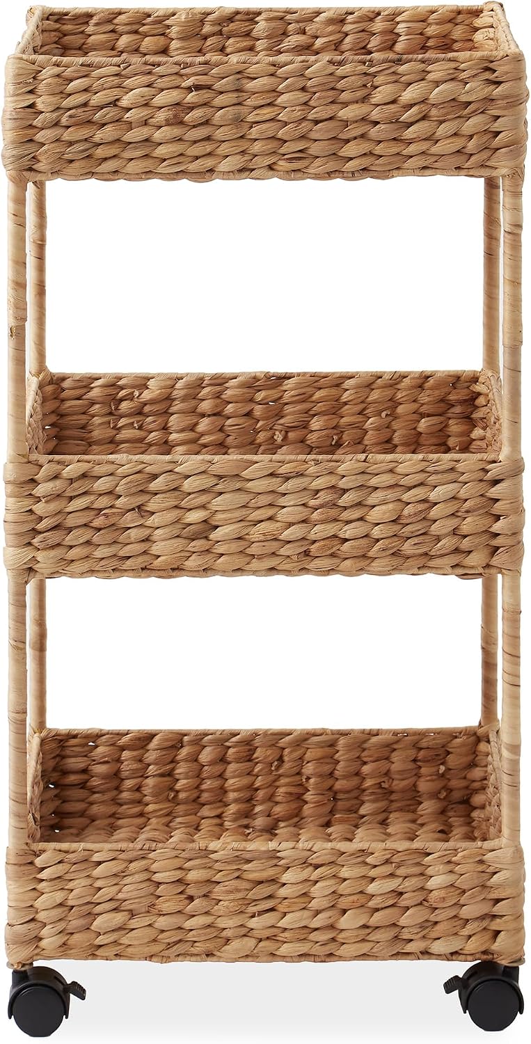 Casafield 3-Tier Rolling Storage Cart - Natural, Water Hyacinth Nursery Caddy, Utility Cart for Bathroom, Craft Room, Laundry Room Organization