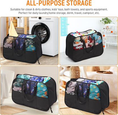 Collapsible Laundry Baskets with 3 Compartment, 150L Tear-proof Pop Up Hamper, Foldable Laundry Basket with Tote Handles, Dirty Clothes Hamper for Laundry, Bedroom, Bathroom, Dorm Grey
