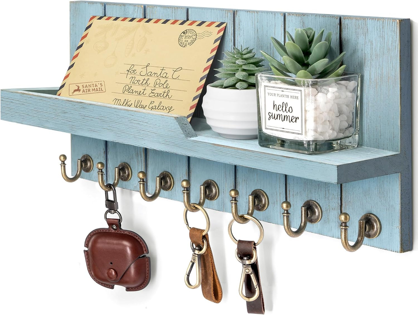 Rebee Vision Decorative Key Holder Wall Mount - Rustic Key Holder for Wall with Shelf and Mail Organizer for Living Room Decor - Home Essentials for Home Improvement (Brown, 3.54" x 10" x 7.28")