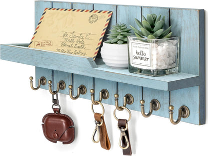 Rebee Vision Decorative Key Holder Wall Mount - Rustic Key Holder for Wall with Shelf and Mail Organizer for Living Room Decor - Home Essentials for Home Improvement (Brown, 3.54" x 10" x 7.28")
