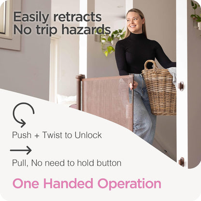 Retractable Baby Gate Perma Child Safety 33" Tall x 55” Wide, Mesh, for Stairs, Doorways, Dogs, Pets, Indoor, Outdoor, One-Handed Operation, Locking, Easy Install, Hardware Mount, White
