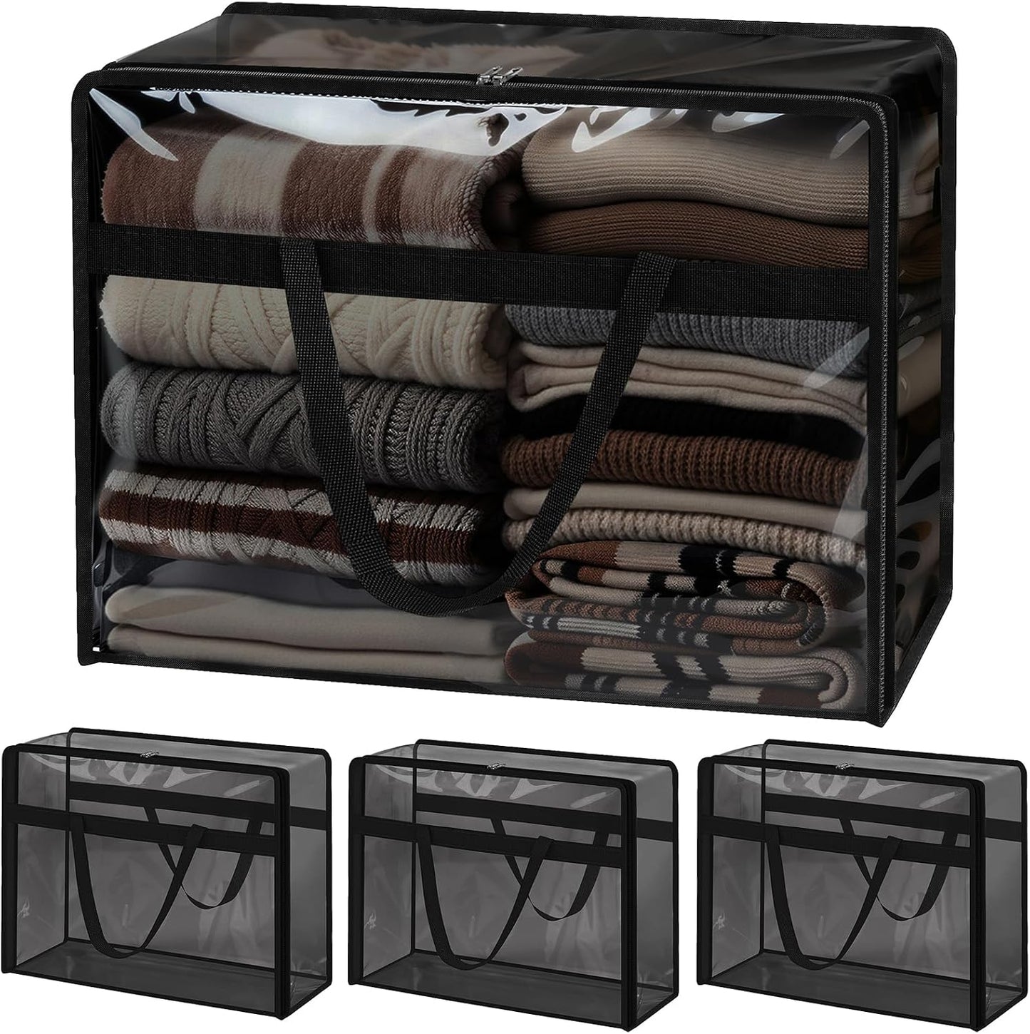SGHUO Blanket Storage Bags 60L Extra Large Plastic Vinyl Clear Storage Bag for Clothes, Comforter, Bedding, Moving Bags with Zipper and Reinforced Handle (4pcs)