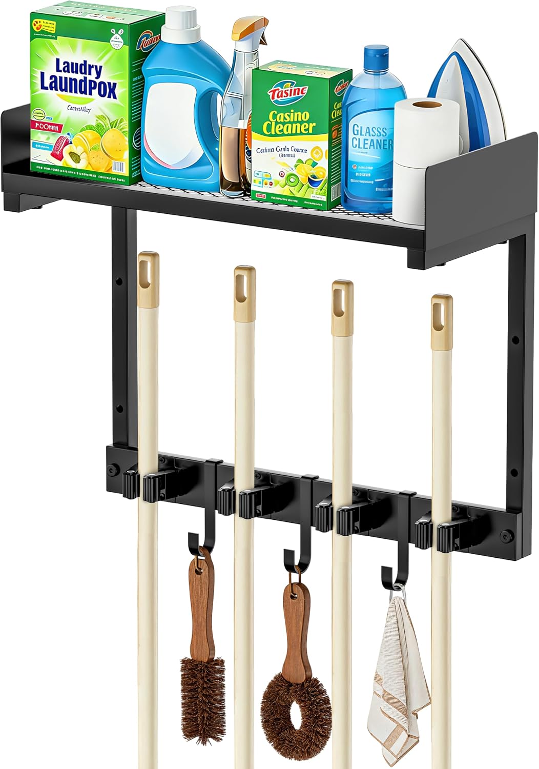 HUFAND Broom Holder Wall Mount, 27" Large Mop and Broom Organizer Wall Hanging with Top Storage Shelf & Vacuum Hook, Heavy Duty Iron Utility Rack for Laundry Room, Garage, Kitchen, Garden - Black