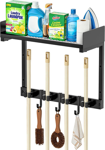 HUFAND Broom Holder Wall Mount, 27" Large Mop and Broom Organizer Wall Hanging with Top Storage Shelf & Vacuum Hook, Heavy Duty Iron Utility Rack for Laundry Room, Garage, Kitchen, Garden - Black