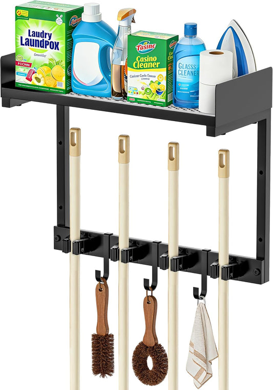 HUFAND Broom Holder Wall Mount, 27" Large Mop and Broom Organizer Wall Hanging with Top Storage Shelf & Vacuum Hook, Heavy Duty Iron Utility Rack for Laundry Room, Garage, Kitchen, Garden - Black