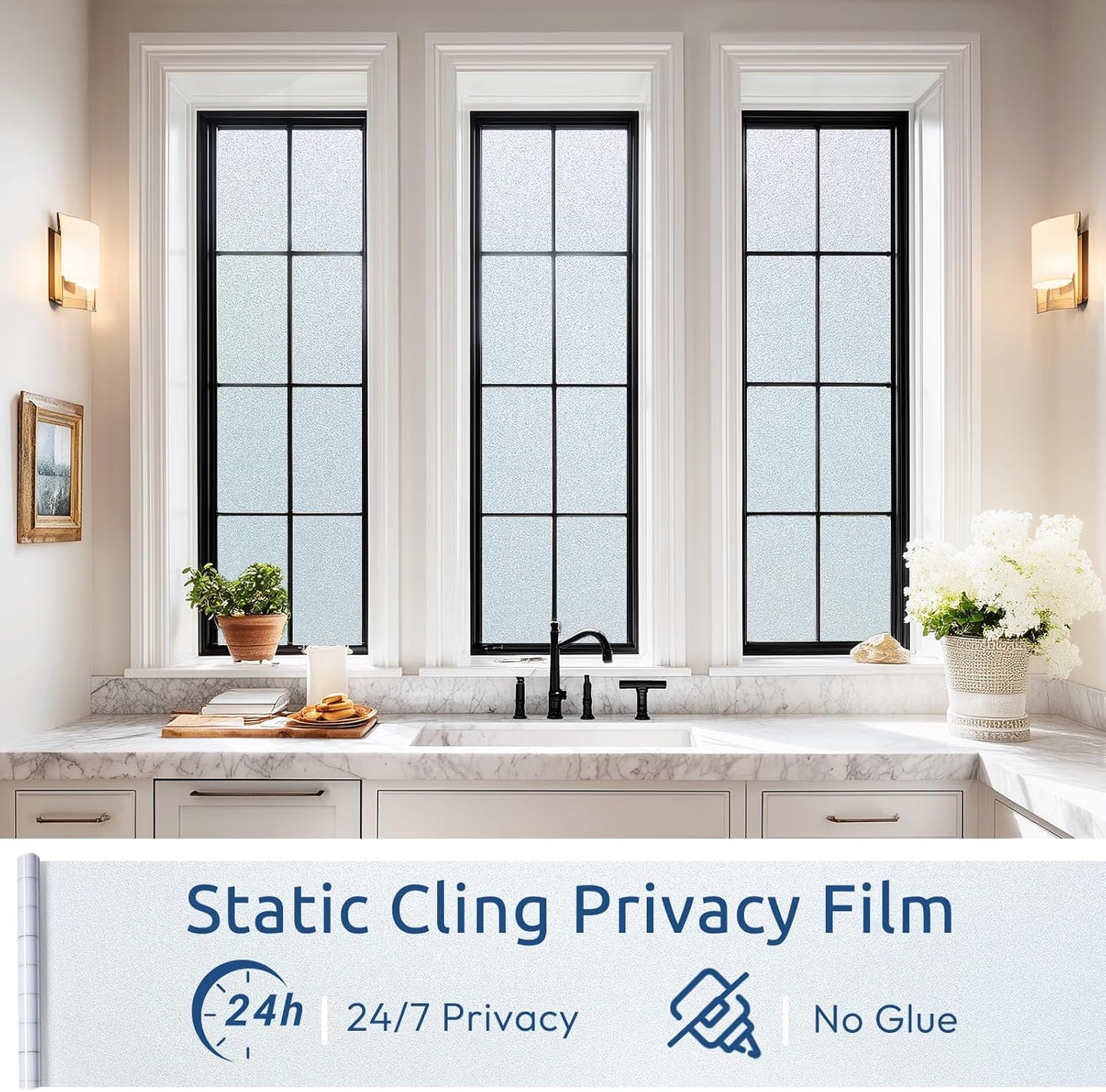 rabbitgoo Frosted Glass Window Privacy Film, No Glue, Anti-Glare Heat Blocking, Easy to Install, Renter Friendly Removable Opaque Bathroom Window Clings for Glass, 17.5" x 78.7"