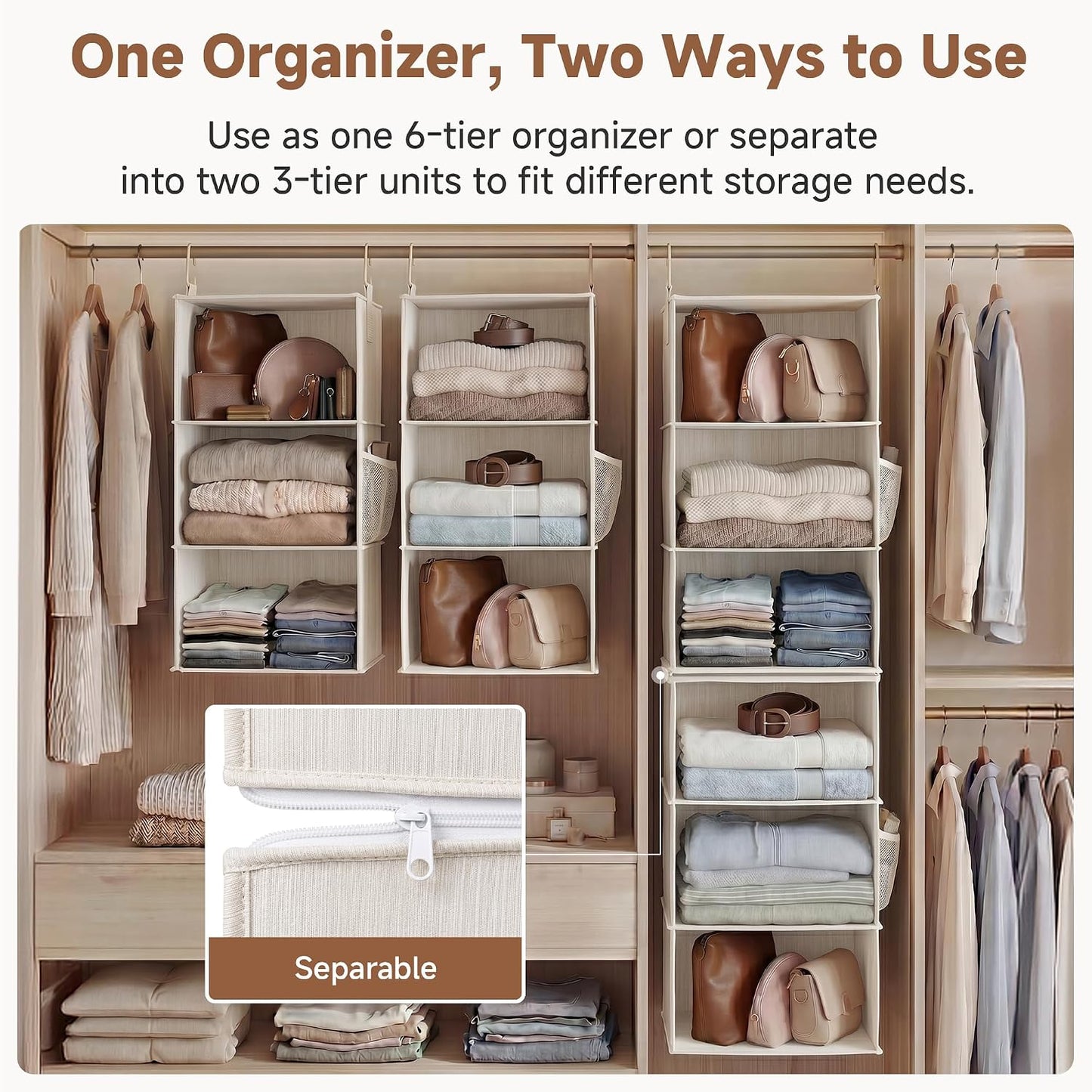 StorageWorks 6-Shelf Closet Organizers, Two 3-Shelf Separable Hanging Shelves for Closet, 12 1⁄2" D x 12 1⁄2" W x 47 ¼" H, Mixing of Beige, White & Ivory