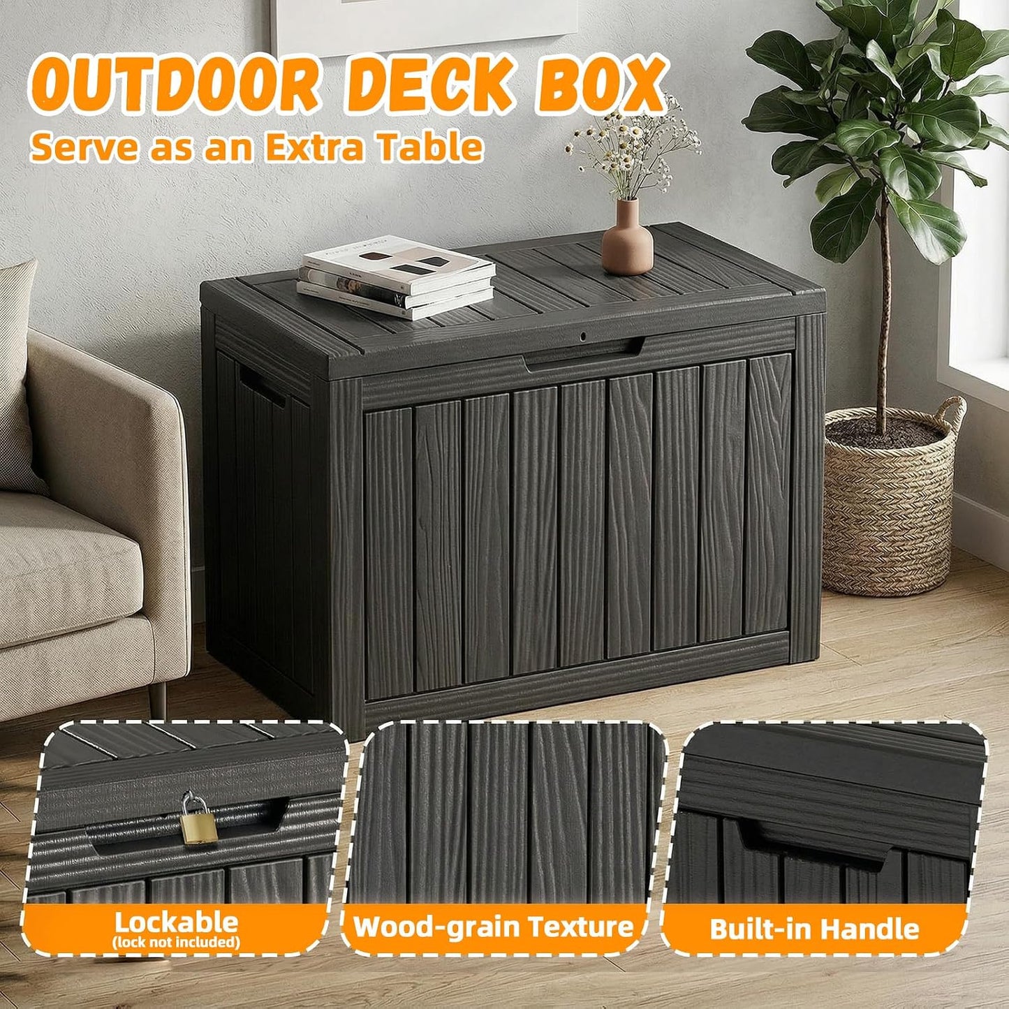 ROJIK 55Gal Outdoor Storage Box Waterproof Deck Box | Heavy-duty UV-resistant resin, space-saving for balcony/patio, stores cushions/tools/pool gear, lockable lid as table/bench
