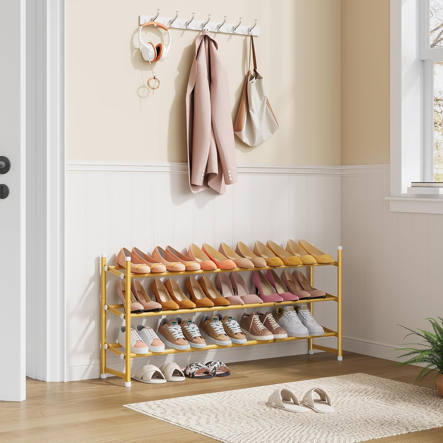 Tajsoon Expandable Shoe Rack for Closet 3 Tier, 28“-41“Adjustable & Stackable Shoe Shelf Storage, Metal Shoe Rack Organizer for Front Door Entrance, Closet, Garage, Entryway, Black
