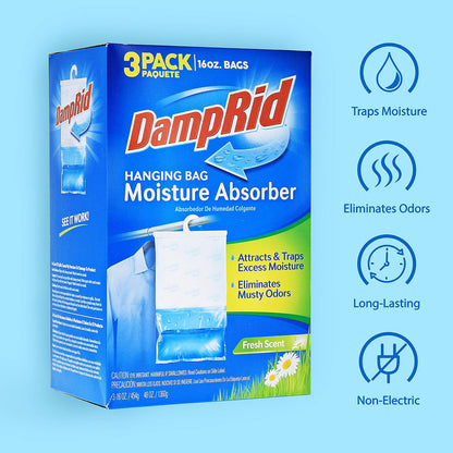 DampRid Hanging Bag, Moisture Absorber, Pack of 3 (16 oz. ea.), 3 Pack, Blue