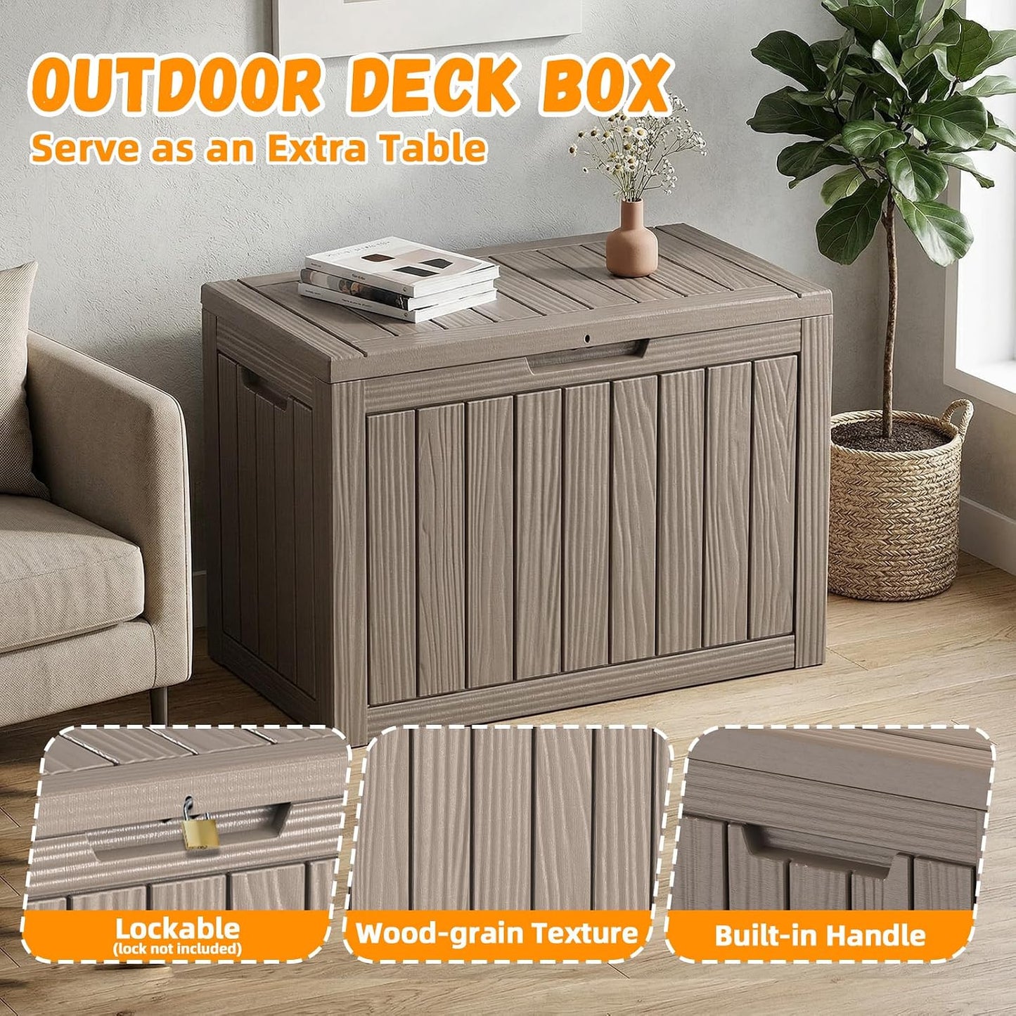 ROJIK 55Gal Outdoor Storage Box Waterproof Deck Box | Heavy-duty UV-resistant resin, space-saving for balcony/patio, stores cushions/tools/pool gear, lockable lid as table/bench