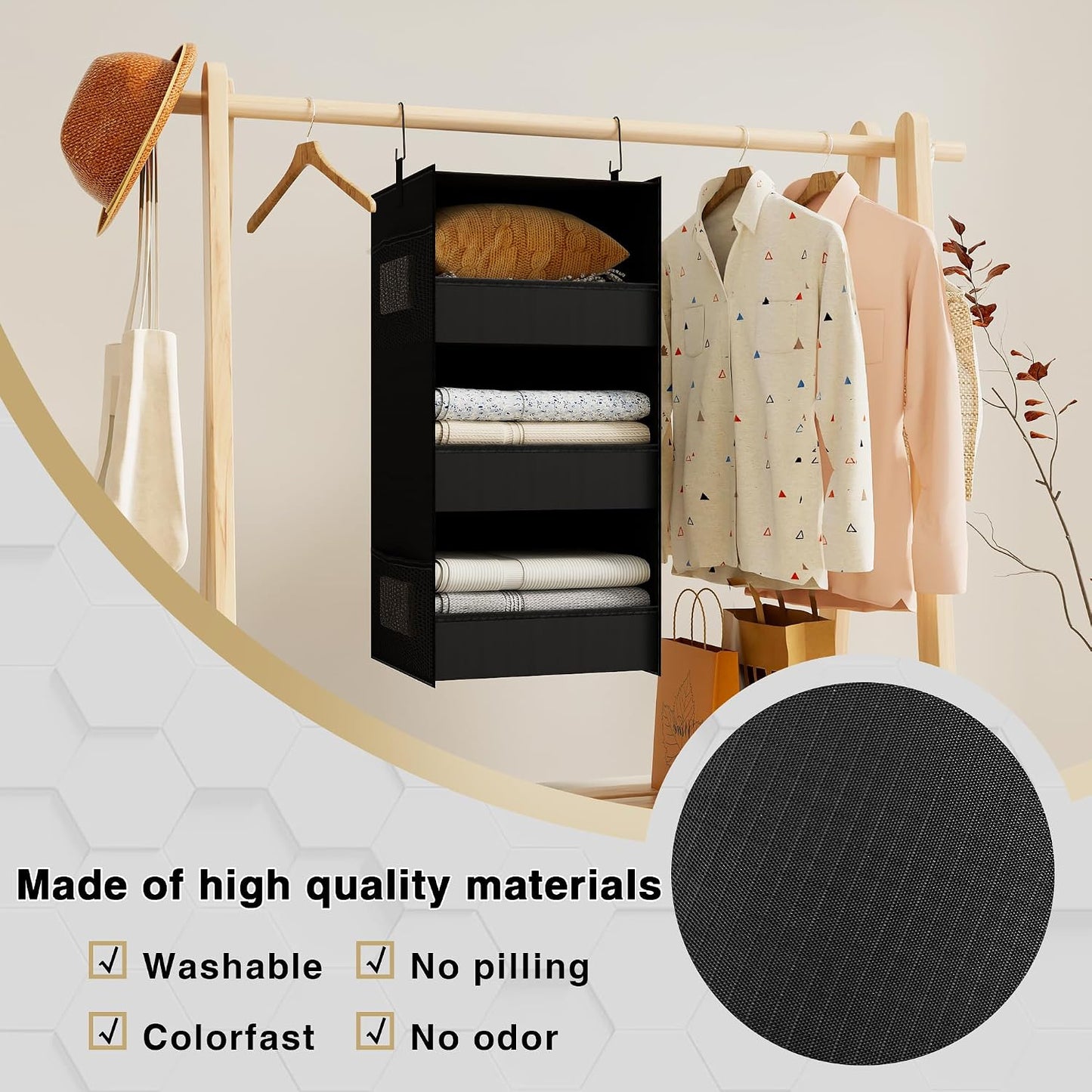 3-Shelf Hanging Closet Organizer, Washable Foldable Storage, Dark Gray | Front lip keeps items secure; side pockets add room; Oxford fabric handles towels, shirts, baby items, dorms, RVs or travel.