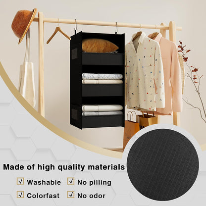 3-Shelf Hanging Closet Organizer, Washable Foldable Storage, Dark Gray | Front lip keeps items secure; side pockets add room; Oxford fabric handles towels, shirts, baby items, dorms, RVs or travel.