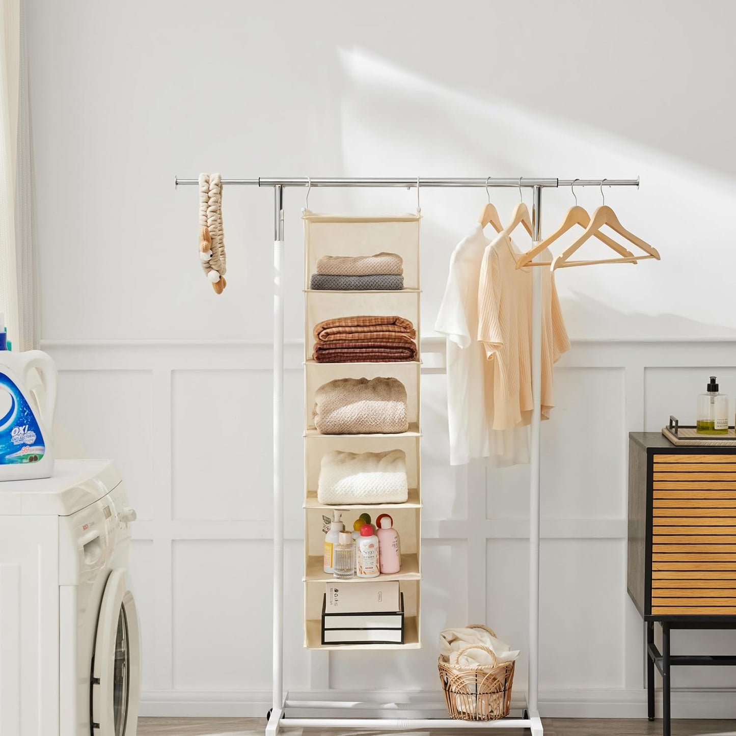 MAX Houser 6 Tier Shelf Hanging Closet Organizer, Closet Hanging Shelf with 2 Sturdy Hooks for Storage, Foldable (Grey)