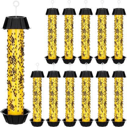 Qualirey 12 Pcs Sticky Fly Trap Fly Stick Indoor Outdoor Long Lasting Hanging Flies Bug Catcher Paper Tape Strips with Hook for Wasps Gnats Bug Insects Fruit Flies Mosquitoes (Stylish-3,Yellow)