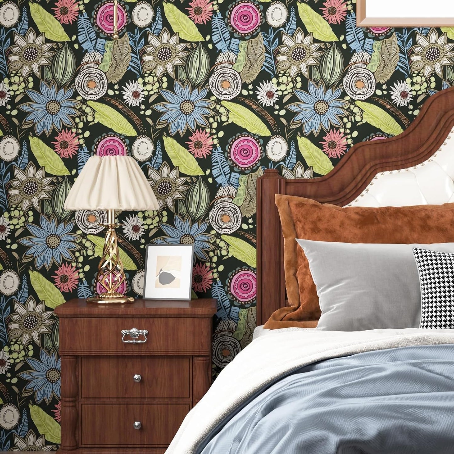 Blue Wallpaper Peel and Stick,Vintage Boho Floral Contact Paper 17.5" x 118", Retro Botanical Flower Wall Paper Self Adhesive Removable Waterproof for Walls Shelves Cabinet Table (Blue,Yellow, Green)