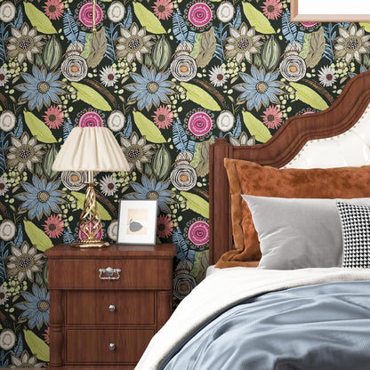 Blue Wallpaper Peel and Stick,Vintage Boho Floral Contact Paper 17.5" x 118", Retro Botanical Flower Wall Paper Self Adhesive Removable Waterproof for Walls Shelves Cabinet Table (Blue,Yellow, Green)