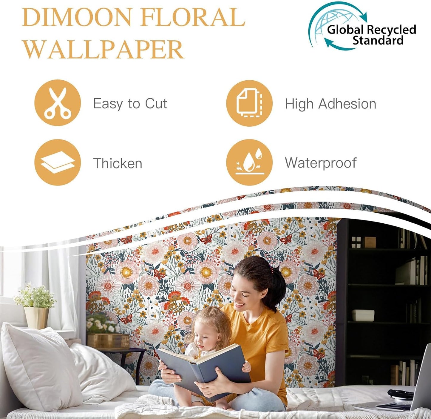 Dimoon 17.3''x78.7'' Peel and Stick Wallpaper Floral Cute Contact Paper Vintage Village Country Cottage Wallpaper Farmhouse Yellow Beige Renter Friendly Geometry Waterproof Embossed Kitchen Bedroom