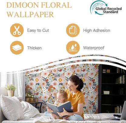 Dimoon 17.3''x78.7'' Peel and Stick Wallpaper Floral Cute Contact Paper Vintage Village Country Cottage Wallpaper Farmhouse Yellow Beige Renter Friendly Geometry Waterproof Embossed Kitchen Bedroom