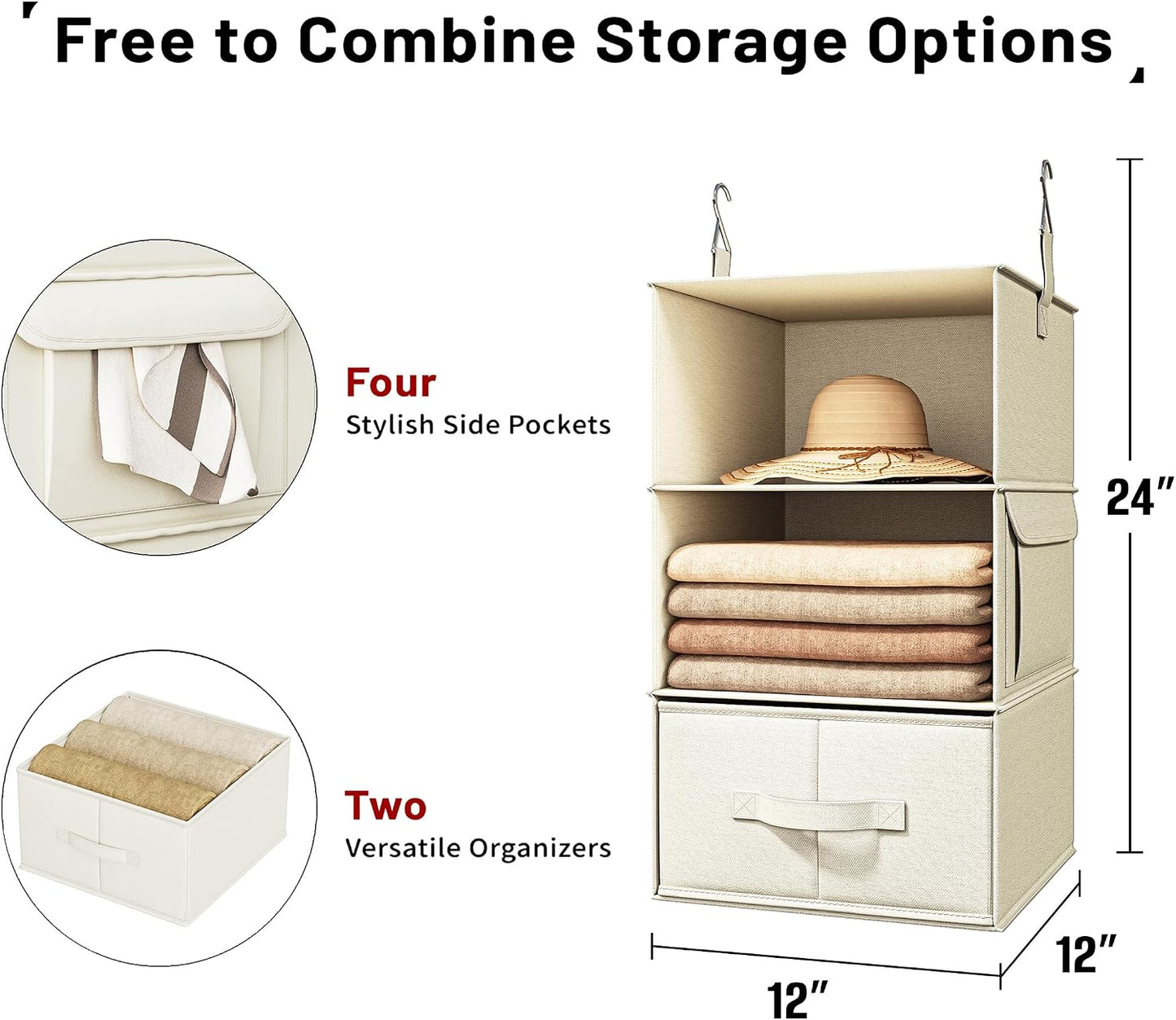Vailando 6-Shelf Hanging Closet Organizer with 3 Drawers, 2 Separable 3-Shelf Closet Organizers and Storage for Wardrobe Organization, Hanging Dresser for Nursury & Dorm Clothes Organizer