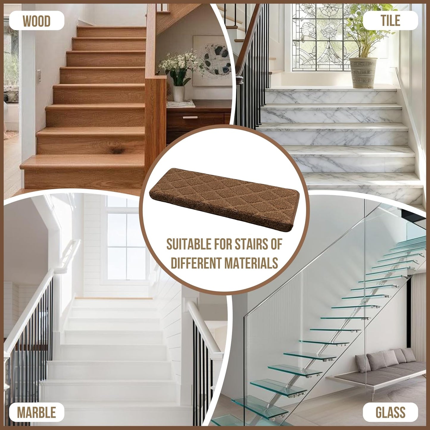 DEXDE Bullnose Stair Treads for Wooden Steps Non-Slip Stair Runner, 14 Pcs | Reusable bullnose carpet Stair Treads Indoor, Peel and Stick Stair Rugs with Edge Protection, Soft Washable, 30"x9.5" Grey