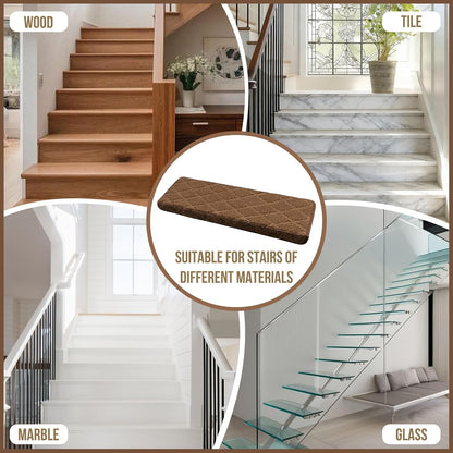 DEXDE Bullnose Stair Treads for Wooden Steps Non-Slip Stair Runner, 14 Pcs | Reusable bullnose carpet Stair Treads Indoor, Peel and Stick Stair Rugs with Edge Protection, Soft Washable, 30"x9.5" Grey