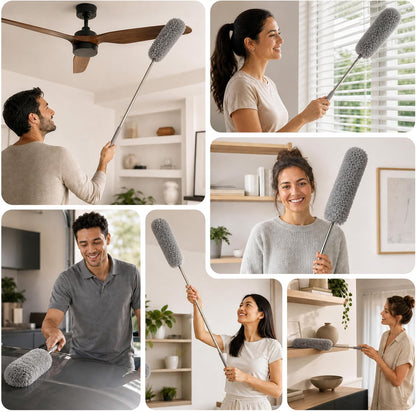 Gütewerk Extendable Microfiber Duster, 55 Inch - Feather Dusters for Cleaning Ceiling Fans, Blinds, Baseboards & High Ceilings - Washable, Electrostatic, 360° Bendable Head, Stainless Steel Pole