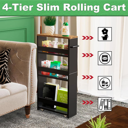 MARTY Slim Rolling Storage Cart 4-Tier Kitchen Cart with Wheels, Laundry Room Storage with Handle Slide Out Utility Cart Shelving Unit Organizer Trolley for Narrow Places Bathroom Small Corner, Black