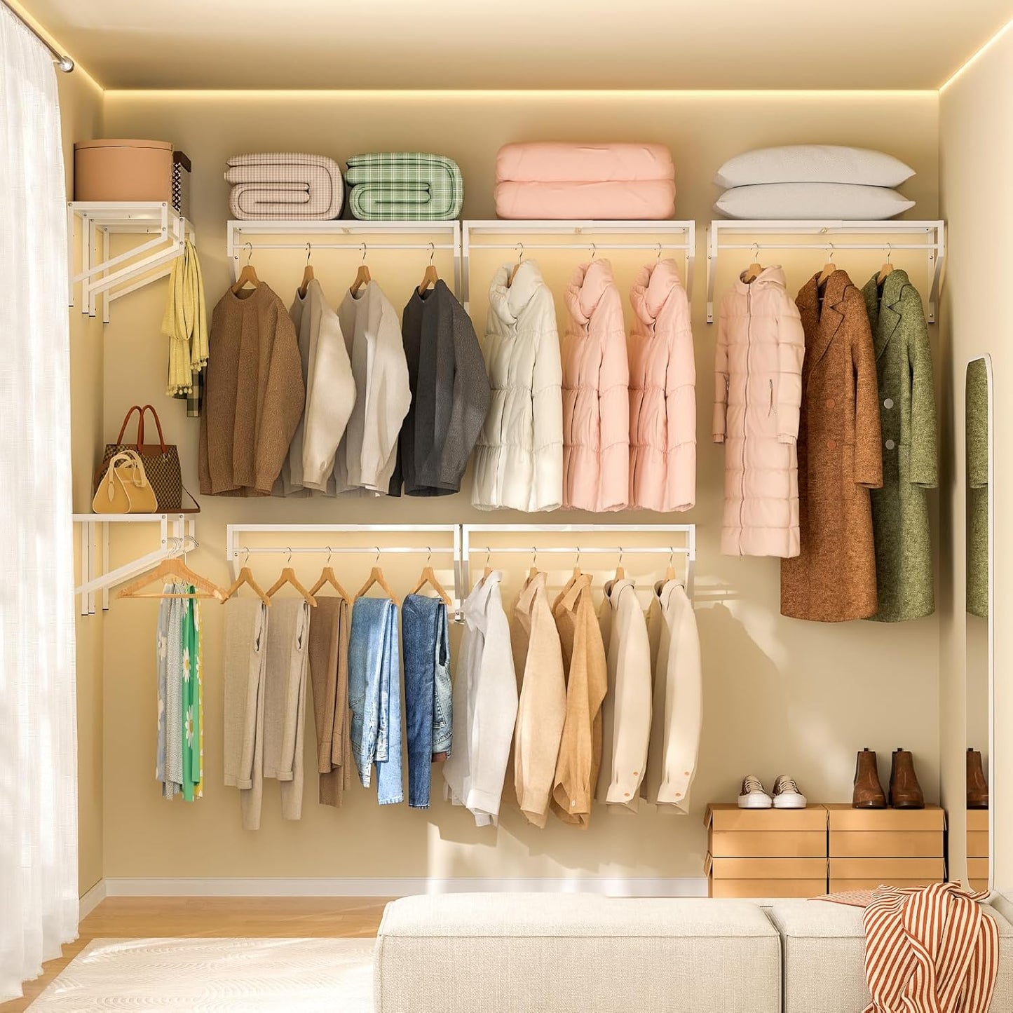 ThreeHio Expandable Closet Shelves Wall Mounted, 2 Pack Closet Shelving with Hanging Rods, Wall Shelving for Walk-in Closet, Hanging Shelves Organizer and Storage for Closet, Laundry
