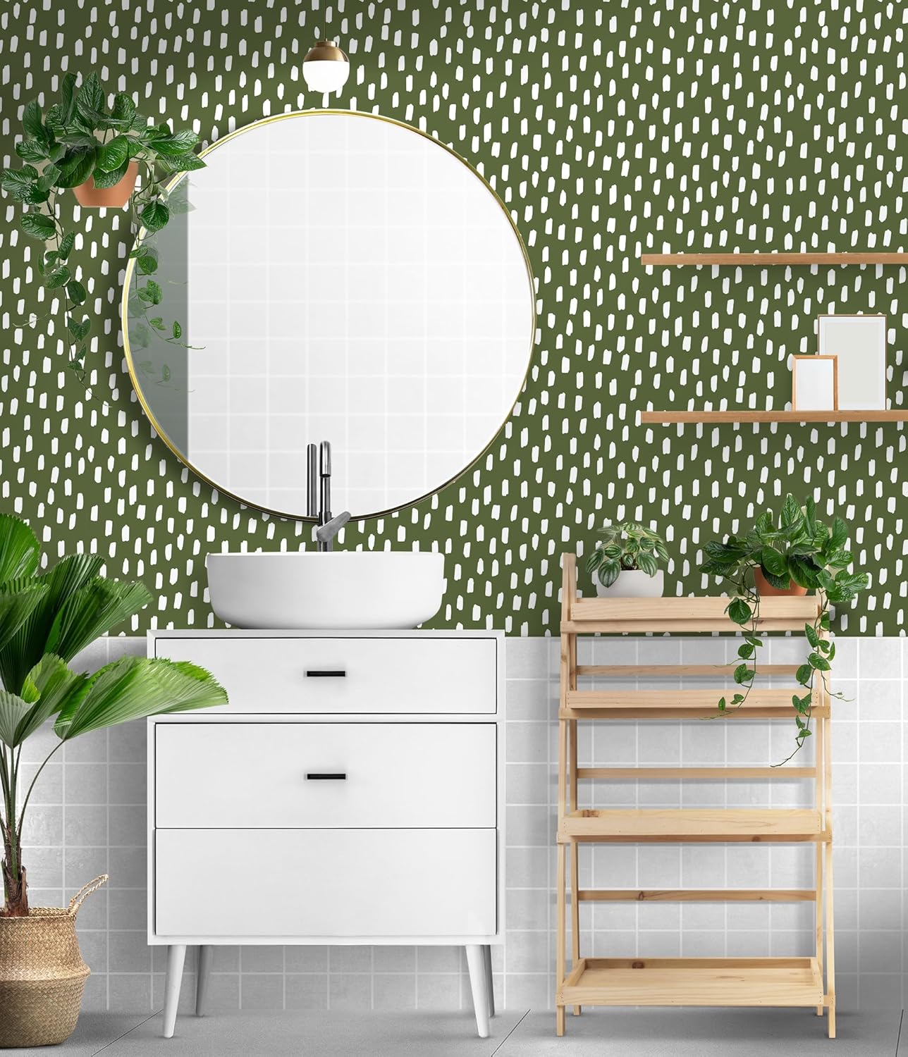 HAOKHOME Peel and Stick Wallpaper Boho Modern Dots Wall Paper Removable for Bathroom Caramel/White Contact Paper 17.3in x 9.8ft