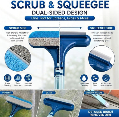 Window Screen Cleaner Brush, 3-in-1 Mesh Screen Cleaning Brush with Squeegee and Detachable Long Handle, Professional Soot and Dust Remover for Window, Patio, Door, Multi-Purpose Home Cleaning Kit