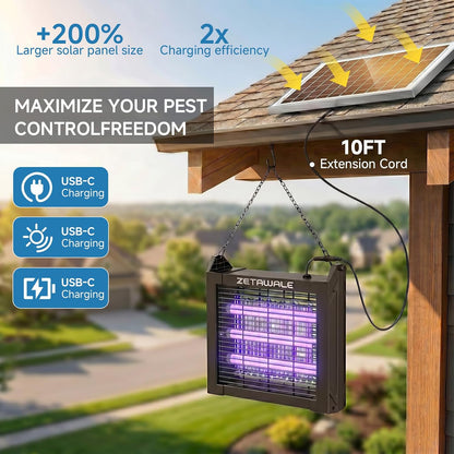 Solar Powered Bug Zapper Outdoor, 4500V Mosquito Trap with 10W Solar Panel, Fly Trap & Mosquito Killer, 10FT Extension Cord, IPX5 Waterproof, 2100 Sq.Ft Coverage for Patio, Backyard, Garden
