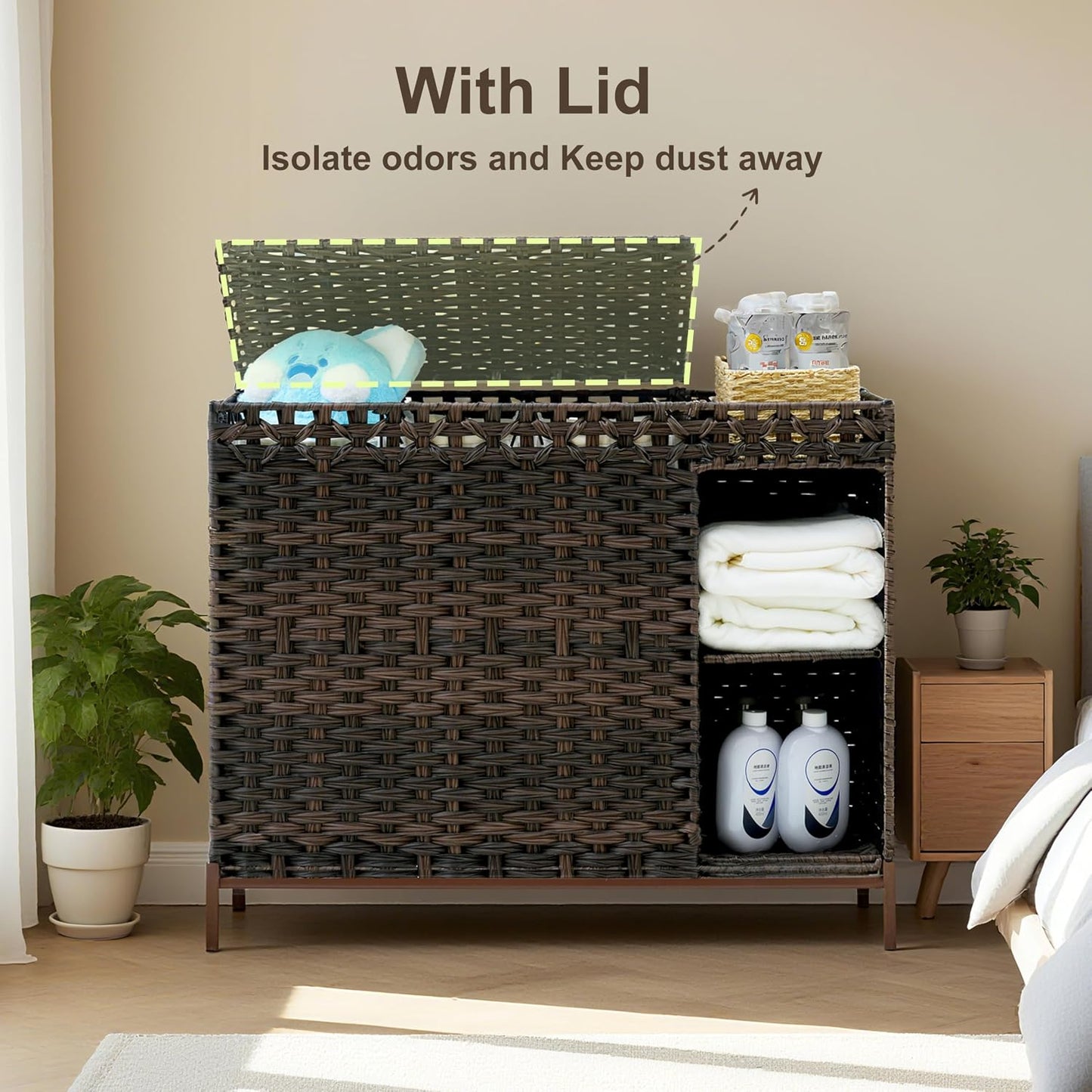 Gitelsnour Laundry Hamper with Lid, 110L (29.1 Gal) Rattan Laundry Hamper 2 Section with 50L (13.2 Gal) Storage Shelf, Wicker Woven Laundry Sorter Basket with 3 Liner Bags and Handles, Brown GLH002BR