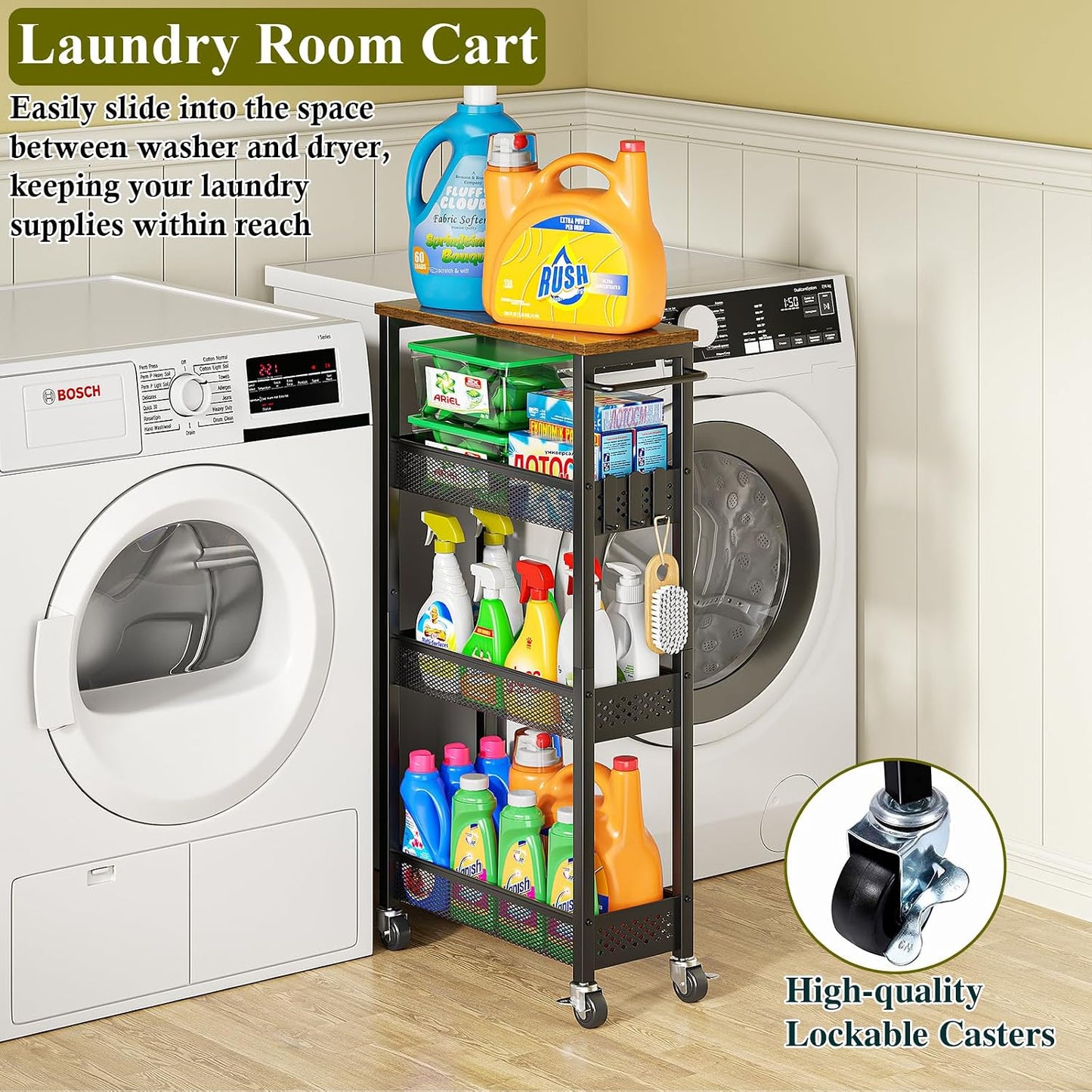 OKZEST Utility Slim Storage Cart, 4 Tier Small Rolling Kitchen Laundry Room Cart with Wood Top, Metal Narrow Bathroom Storage Cabinet Mobile Shelf Unit Organizer Trolley with Handle for Narrow Space