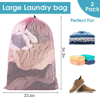 2 Pack Mesh Laundry Bags, 23 x 34 Inches Heavy Duty Mesh Laundry Bag, Large Laundry Drawstring Bag for College, Dorm, Travel, Family and Apartment Dwellers, Black