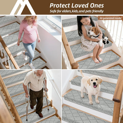 Self Adhesive Bullnose Carpet Stair Treads Non Slip,Grey,11"x30",3 Pack | Pet Friendly, Peel and Stick Stair Treads for Wooden Steps, Washable Stair Runner for Kids Elders, Edge Protection