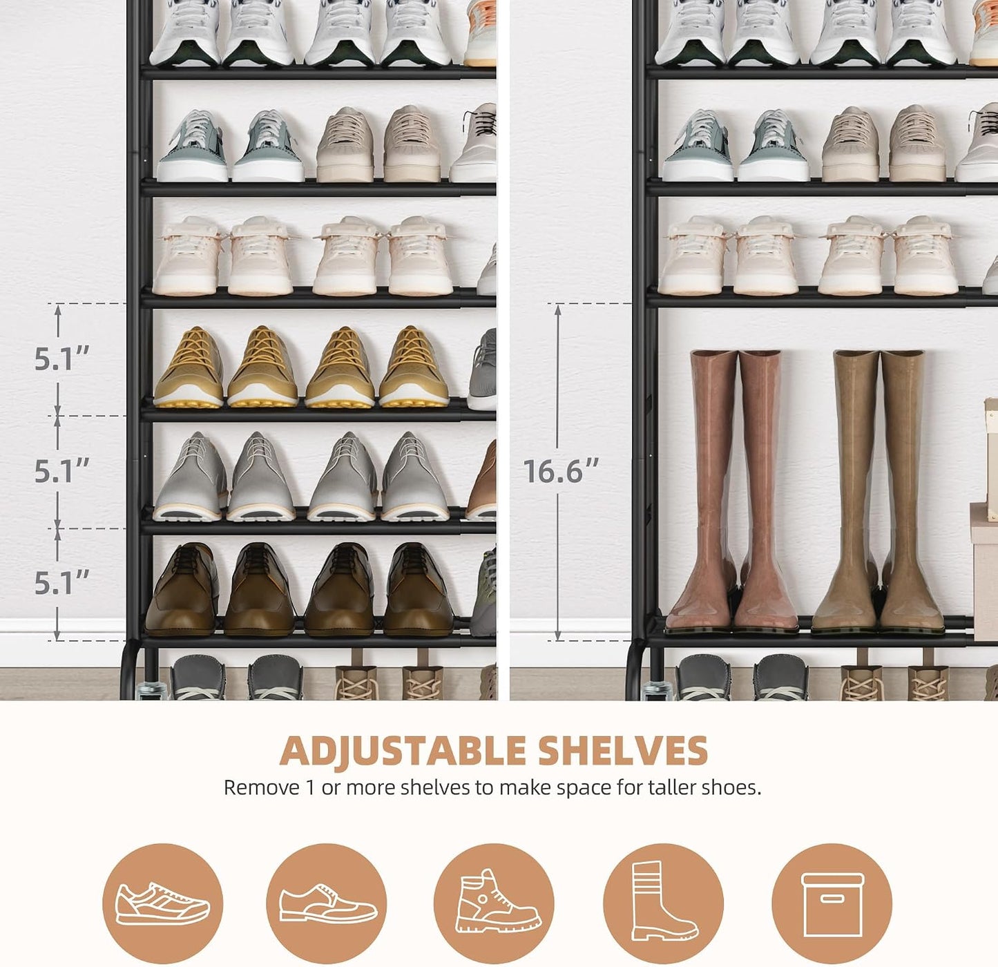 STORAGE MANIAC Expandable Shoe Rack for Closet, 8 Pairs Stackable Small Shoe Rack, Metal Adjustable Shoes Organizer for Entryway, Hallway, Garage, Front Door, Shoes Shelves, Black 2 Tier