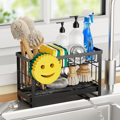 Sponge Holder for Kitchen Sink,Smiley Face Sink Caddy with Removable Brush Holder,Self-Draining Sponge Caddy for Soap,Dish Brush,Scrubber,Kitchen Essentials and Gadgets-Silver