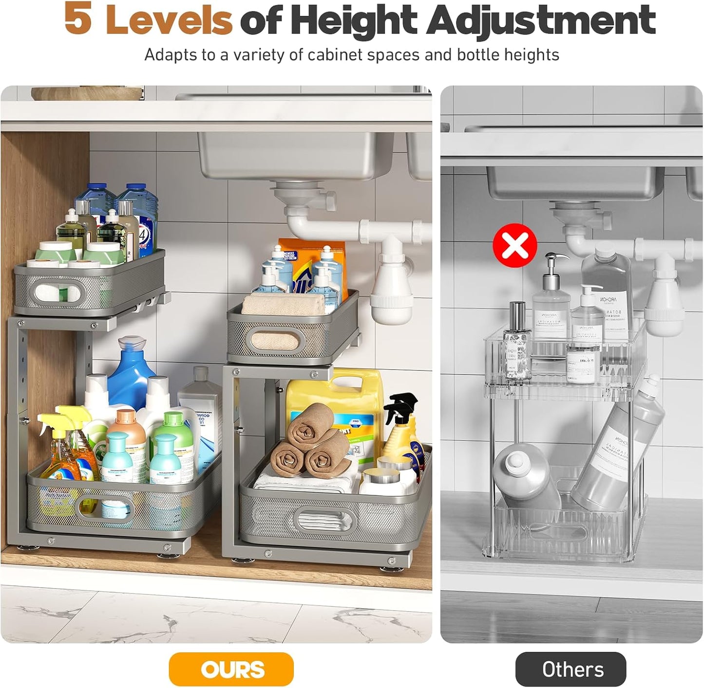 2 Pack Under Sink Organizer With Smooth Cylindrical Rail,2-Tier Pull Out Multi-Purpose Cabinet Storage for Bathroom&Kitchen,Height Adjustable,Rust-resistant Coating-White