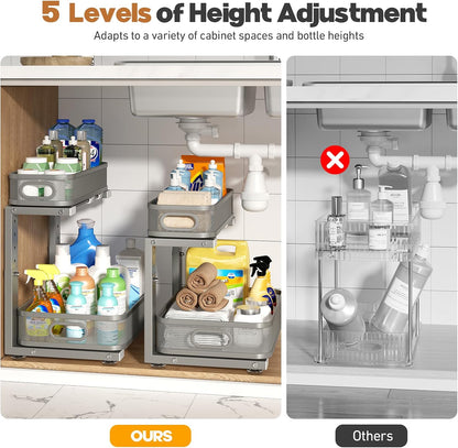 2 Pack Under Sink Organizer With Smooth Cylindrical Rail,2-Tier Pull Out Multi-Purpose Cabinet Storage for Bathroom&Kitchen,Height Adjustable,Rust-resistant Coating-White