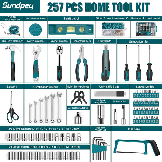 Sundpey Home Tool Kit 257-PCs - Household Basic Repair Tool Set for Men Women - General Hand Mechanic's Tool Set & Screwdriver Set & Wrench Set & Socket & Portable Tool Box Storage Case Blue