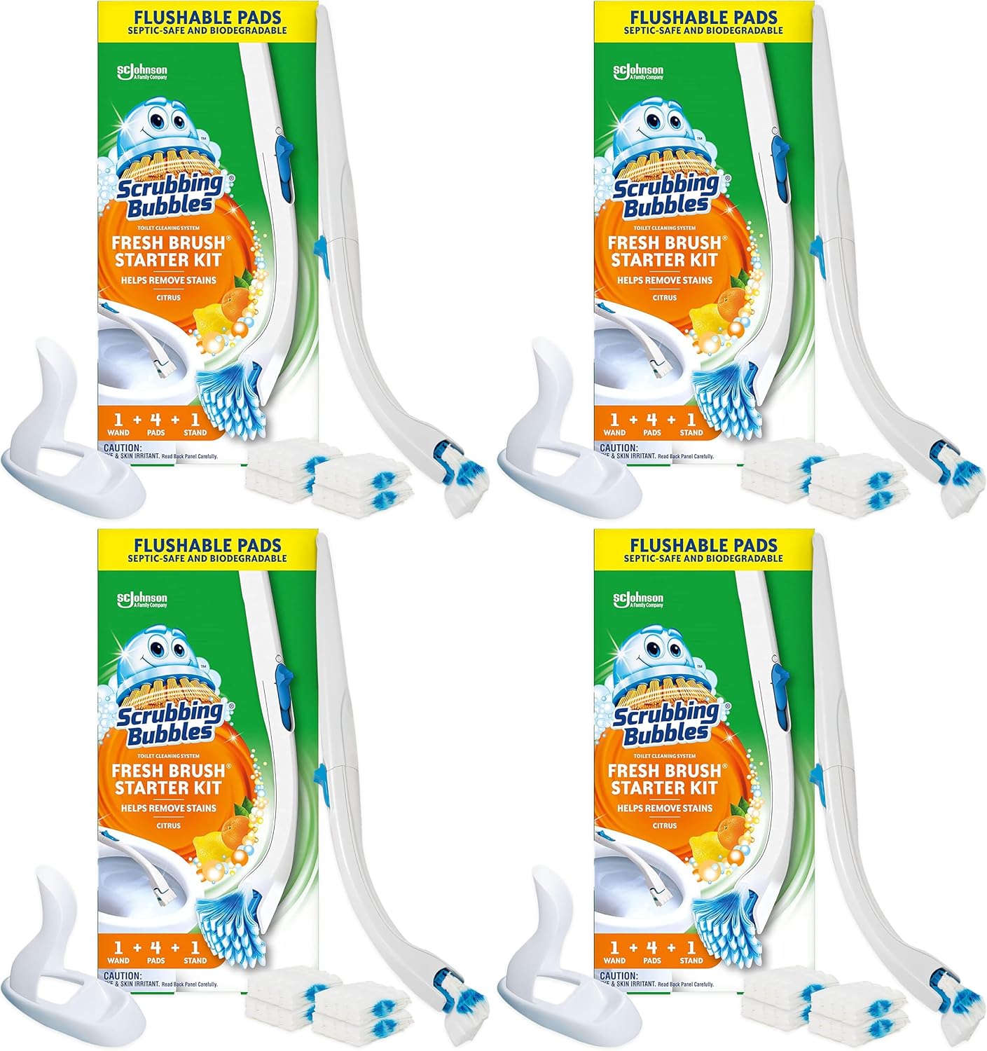 Scrubbing Bubbles Toilet Bowl Cleaning System with Flushable & Disposable Cleaner Refill Pads, Fights Odors and Helps Remove Limescale & Hard Water Stains, Citrus Scent, 1 Wand + 4 Refills + 1 Stand