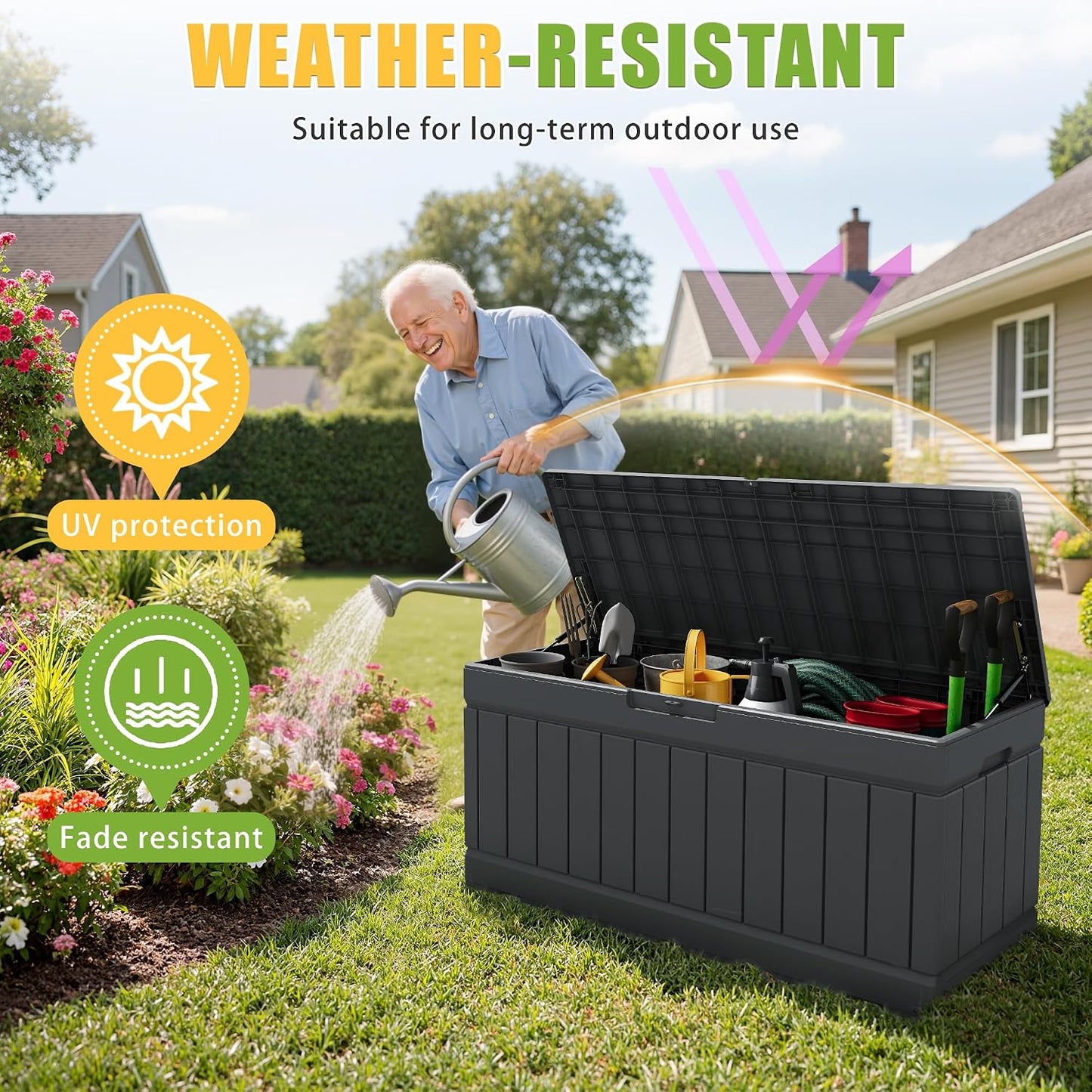 Greesum Outdoor Storage Box 82 Gallon Storage Bin with Lid for Patio Furniture, Garden Tools, Pool Supplies, Waterproof and UV Resistant, Lockable, Black