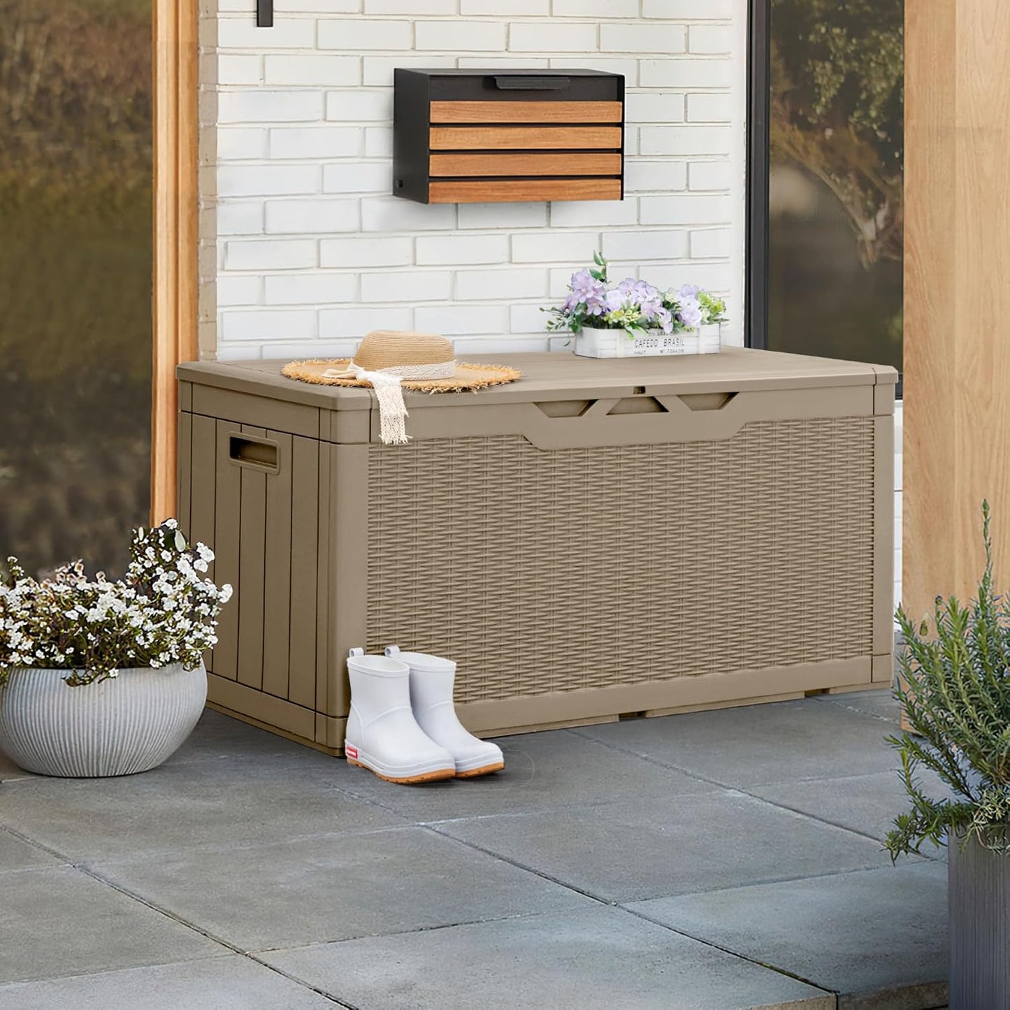 Greesum 110 Gallon Outdoor Storage Box with Lockable Lid, All-Weather for Patio Furniture, Pool Supplies & Garden Tools, Waterproof, UV-Resistant Large Deck Box, Dark Black