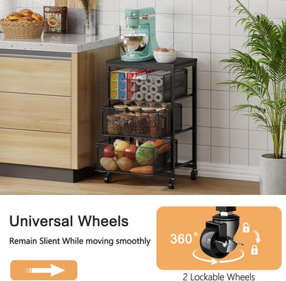 4 Tier Kitchen Rolling Cart, Kitchen Storage Cart with Wheels, Adjust Pantry Organizer and Storage Cart with Drawer, Fruit Vegetable Spice Storage Cart, Wooden Top Metal Kitchen Organizer Rack Stand